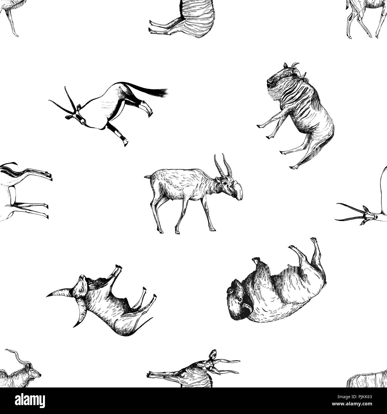 Nahtlose Muster von Hand gezeichnete Skizze Stil gehaltenen Huftieren auf weißem Hintergrund. Vector Illustration. Stock Vektor