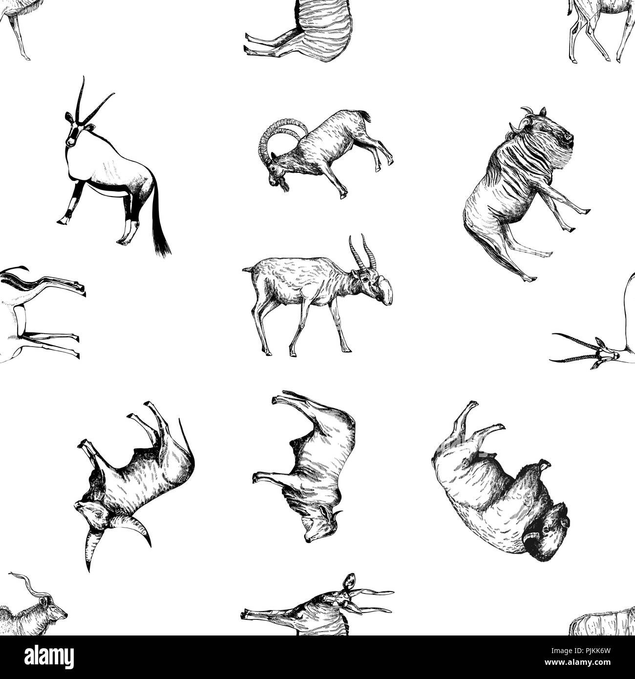 Nahtlose Muster von Hand gezeichnete Skizze Stil gehaltenen Huftieren auf weißem Hintergrund. Vector Illustration. Stock Vektor