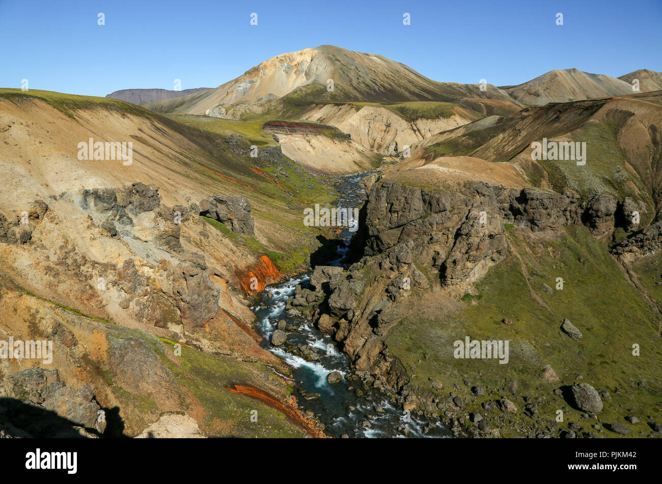 Island, Landschaft im Fjallabak, Fluss Llosa, farbig, Erosion, blauer Himmel Stockfoto