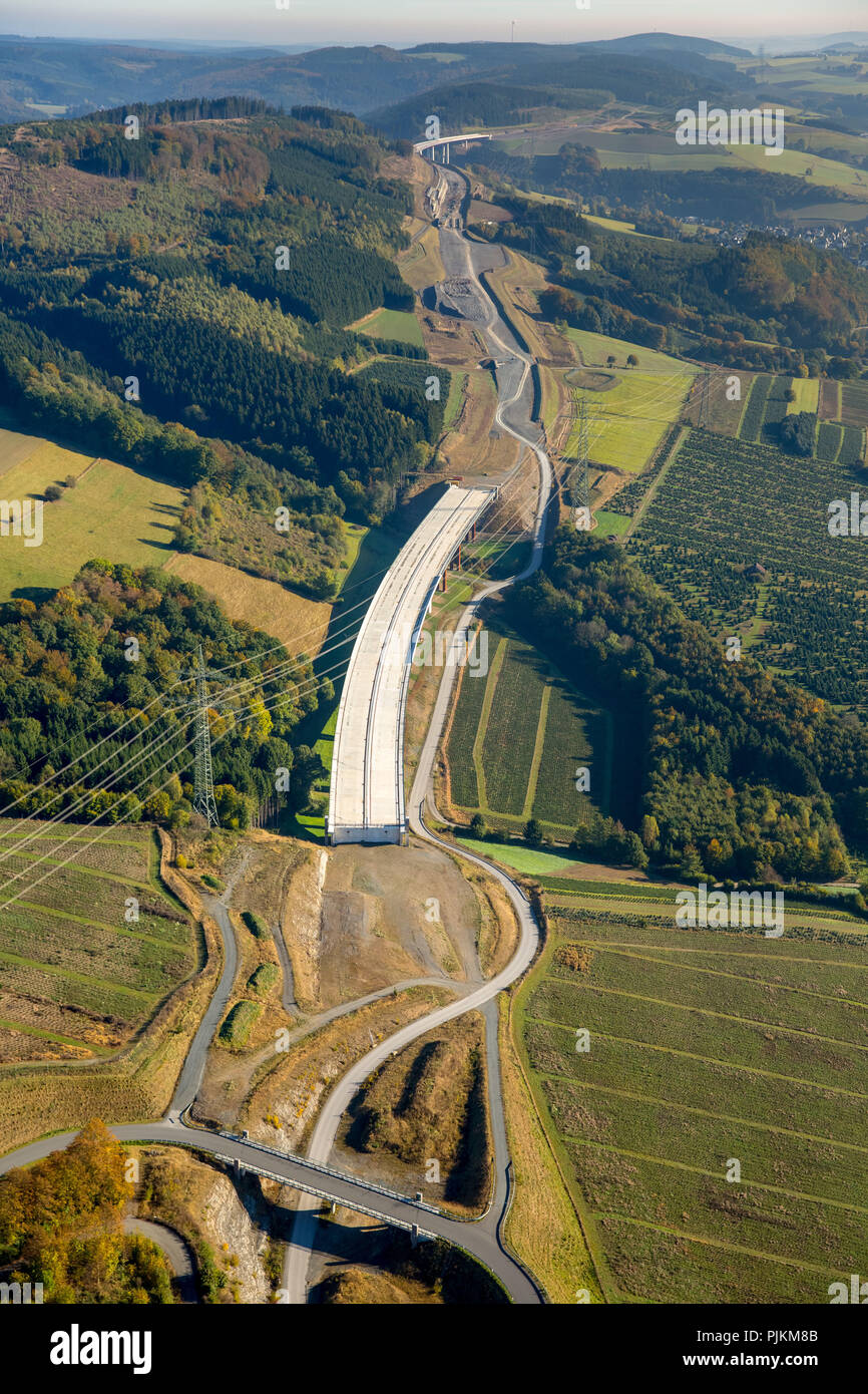 Luftaufnahme, Autobahn Baustelle A46, Bestwig, Sauereland, Nordrhein-Westfalen, Deutschland Stockfoto