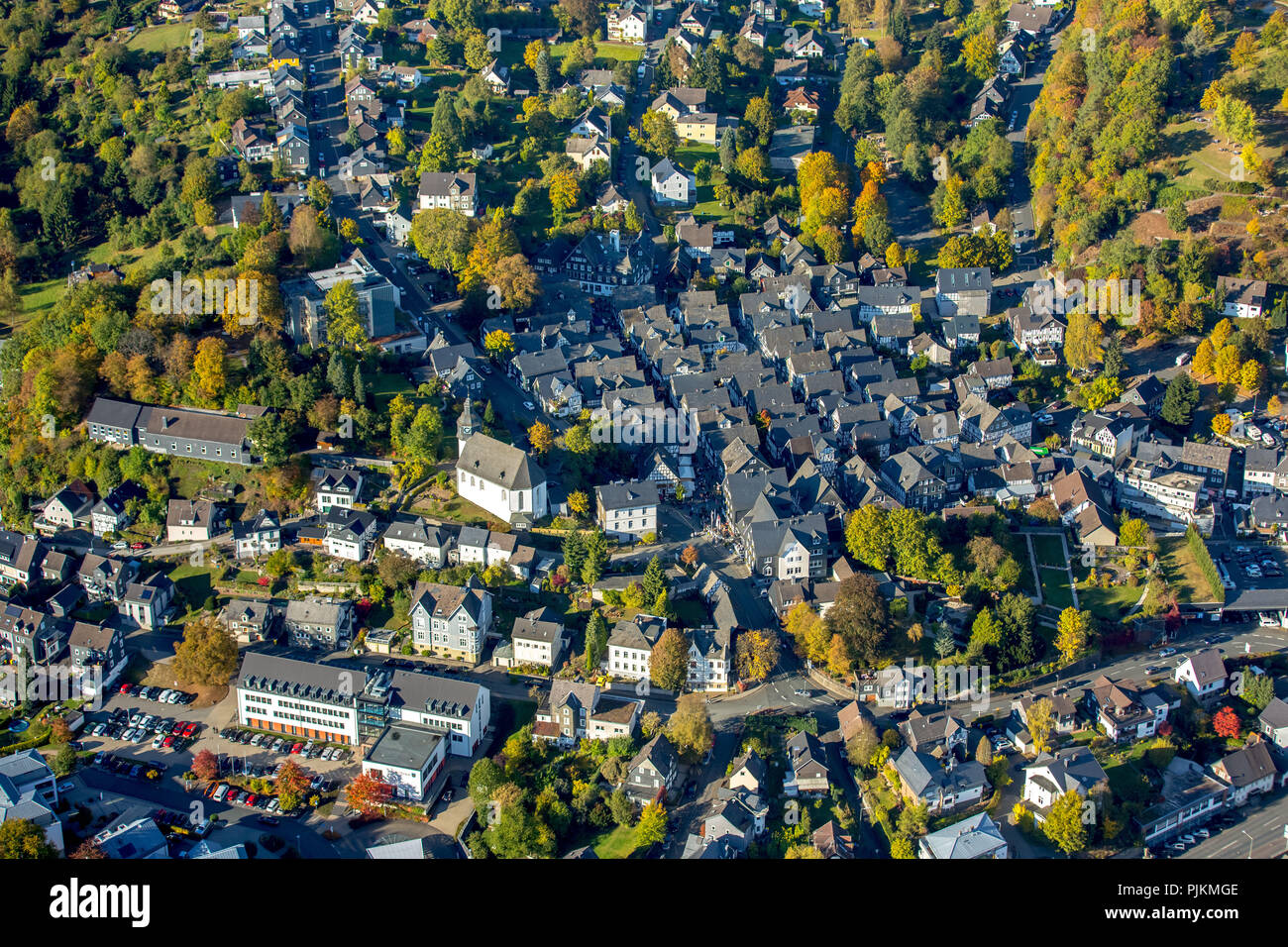 Luftaufnahme, Altstadt, Altstadt von Freudenberg, Fachwerkhäuser, Freudenberg, Siegen-Wittgenstein, Nordrhein-Westfalen, Deutschland Stockfoto