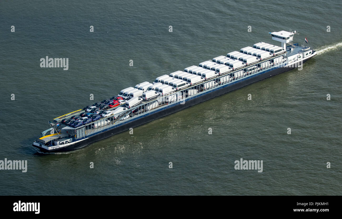 FORENSO Frachtschiff, Car Carrier mit Lieferwagen, Car Carrier auf dem Rhein in der Nähe von Rheinberg, Binnenschifffahrt, Rheinberg, Ruhrgebiet, Nordrhein-Westfalen, Deutschland Stockfoto