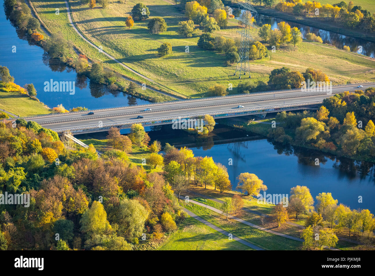 Luftaufnahme, Autobahnbrücke A43 Kemnader Siehe zwischen Heven und Herbede, Ruhrgebiet, Ruhrgebiet, Witten, Ruhrgebiet, Nordrhein-Westfalen, Deutschland Stockfoto