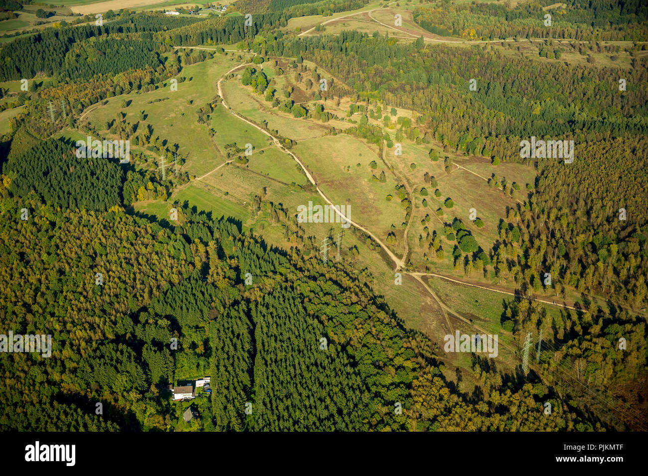 Luftaufnahme, Trupbachheide, Heide, Mooren und Wiesen in der Nähe von Trupbach, Siegen, Siegerland, NRW, Deutschland Stockfoto