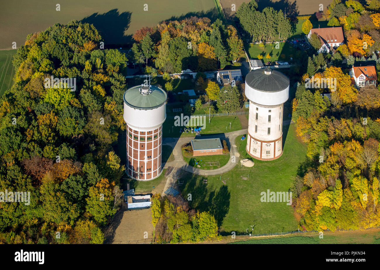 Luftaufnahme, die Bauarbeiten auf den Wassertürmen Hamm-Berge, Hamm,  Ruhrgebiet, Nordrhein-Westfalen, Deutschland Stockfotografie - Alamy