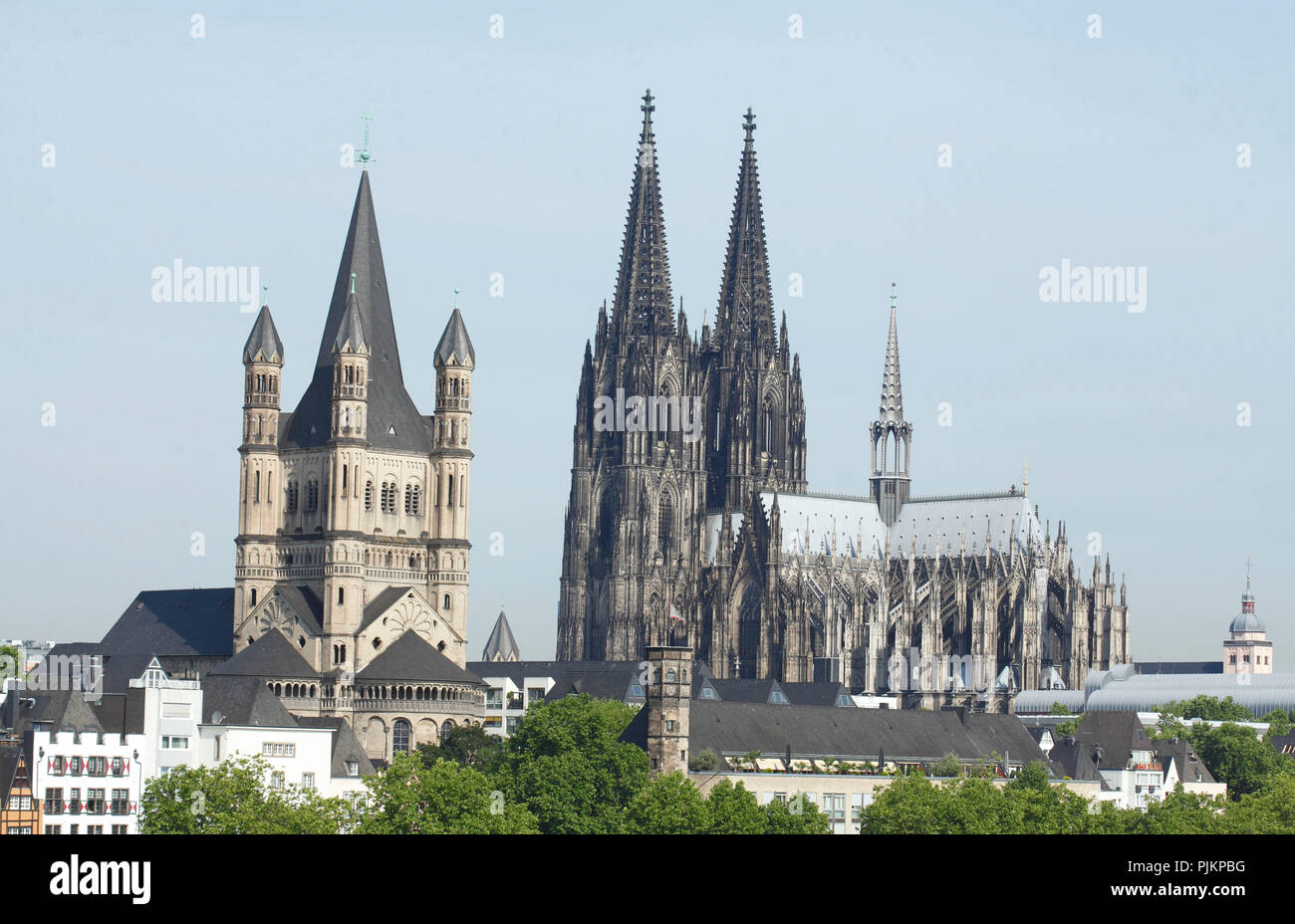 Kirche Groß Sankt Martin mit dem Kölner Dom, Köln, Nordrhein-Westfalen, Deutschland Stockfoto