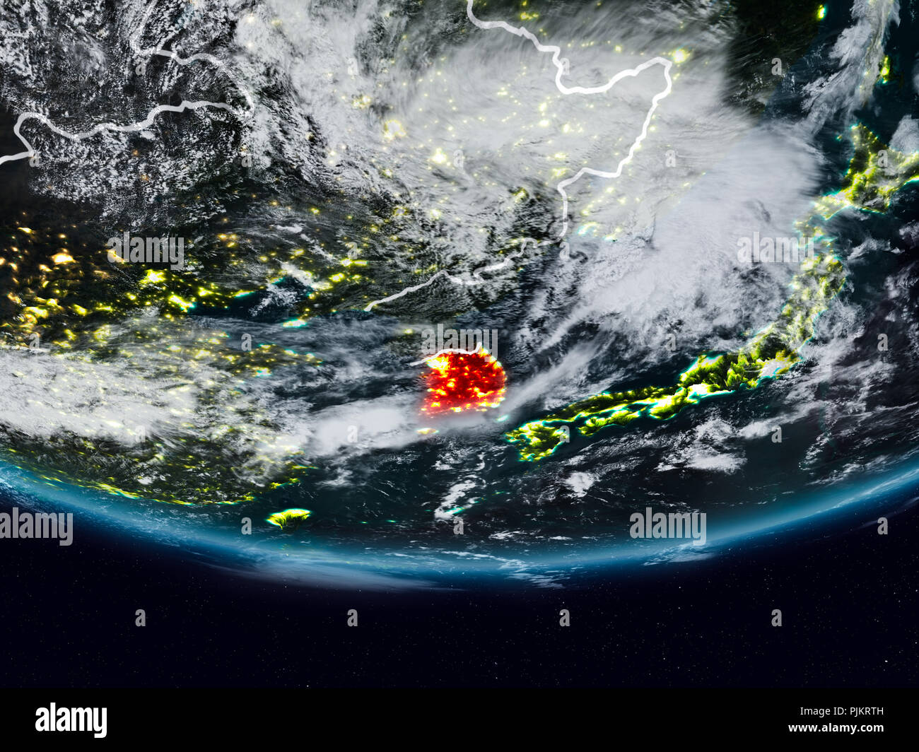 Südkorea auf der Erde bei Nacht mit sichtbaren Grenzen. 3D-Darstellung. Elemente dieses Bild von der NASA eingerichtet. Stockfoto