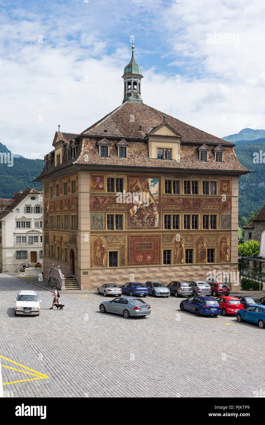 Rathaus historistische Fassade Gemälde von Ferdinand Wagner, Hauptplatz, Schwyz, Kanton Schwyz, Schweiz Stockfoto