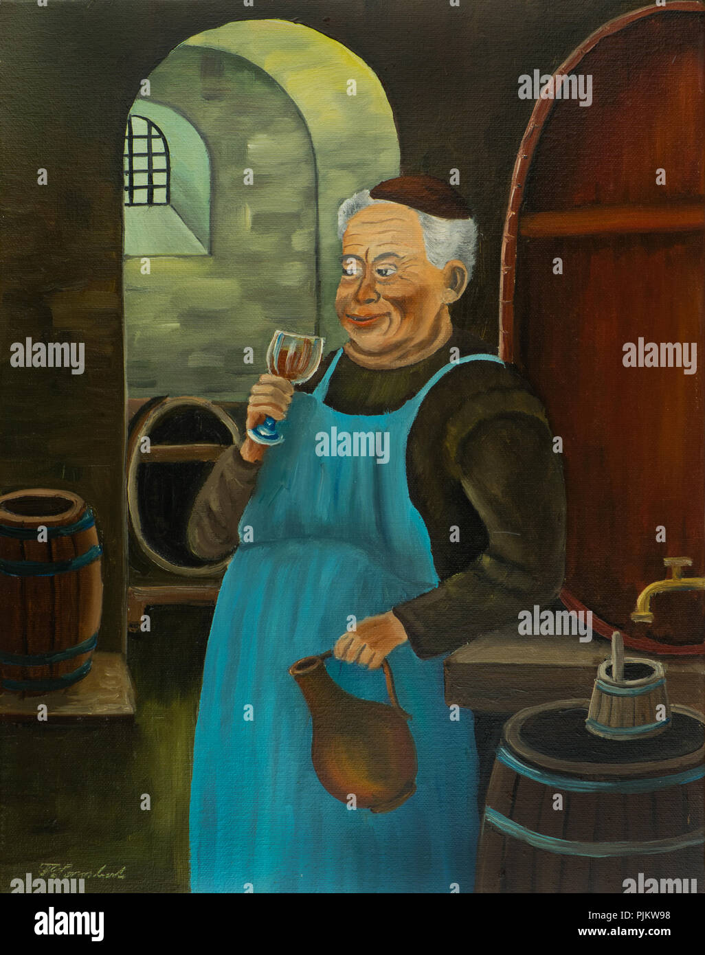 Ölgemälde von einem Franziskaner mit blauer Schürze, trinken ein Glas Wein oder Bier im Keller Stockfoto