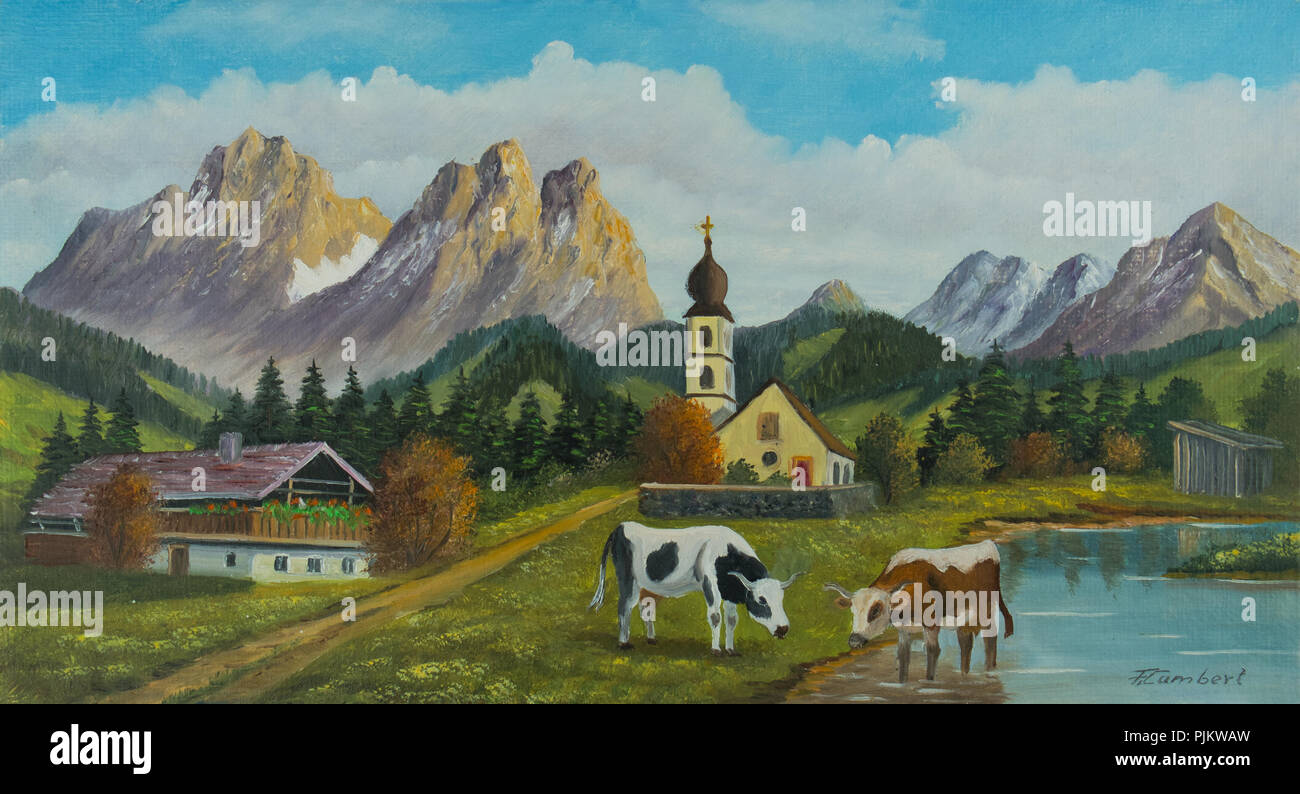 Ölgemälde einer Landschaft mit Kühen einer Kirche und einem Bauernhaus vor einer Bergkulisse Stockfoto