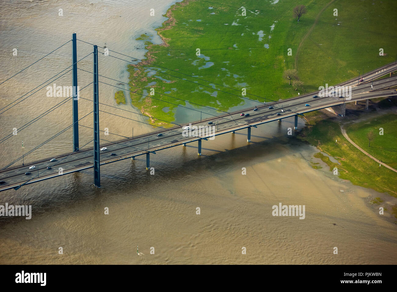 Hochwasser am Rhein in Düsseldorf auf der Rheinkniebrücke, Düsseldorf, Rheinland, Nordrhein-Westfalen, Deutschland Stockfoto