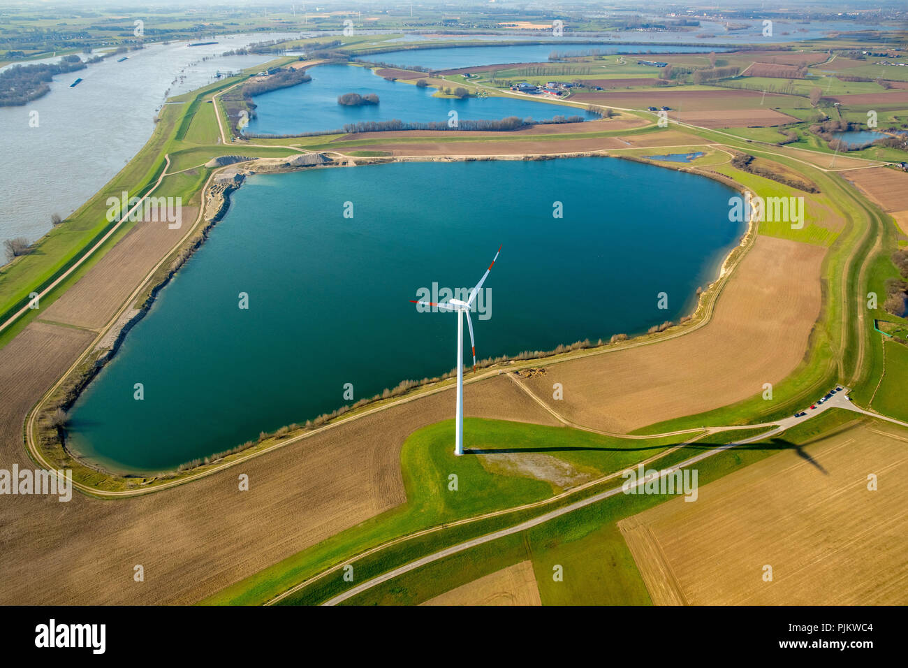 Rheindamm, Grindsee, Rosenhofsee, Rhein Aue bei Überschwemmungen, Hochwasser am Rhein, Wesel, Niederrhein, Nordrhein-Westfalen, Deutschland Stockfoto