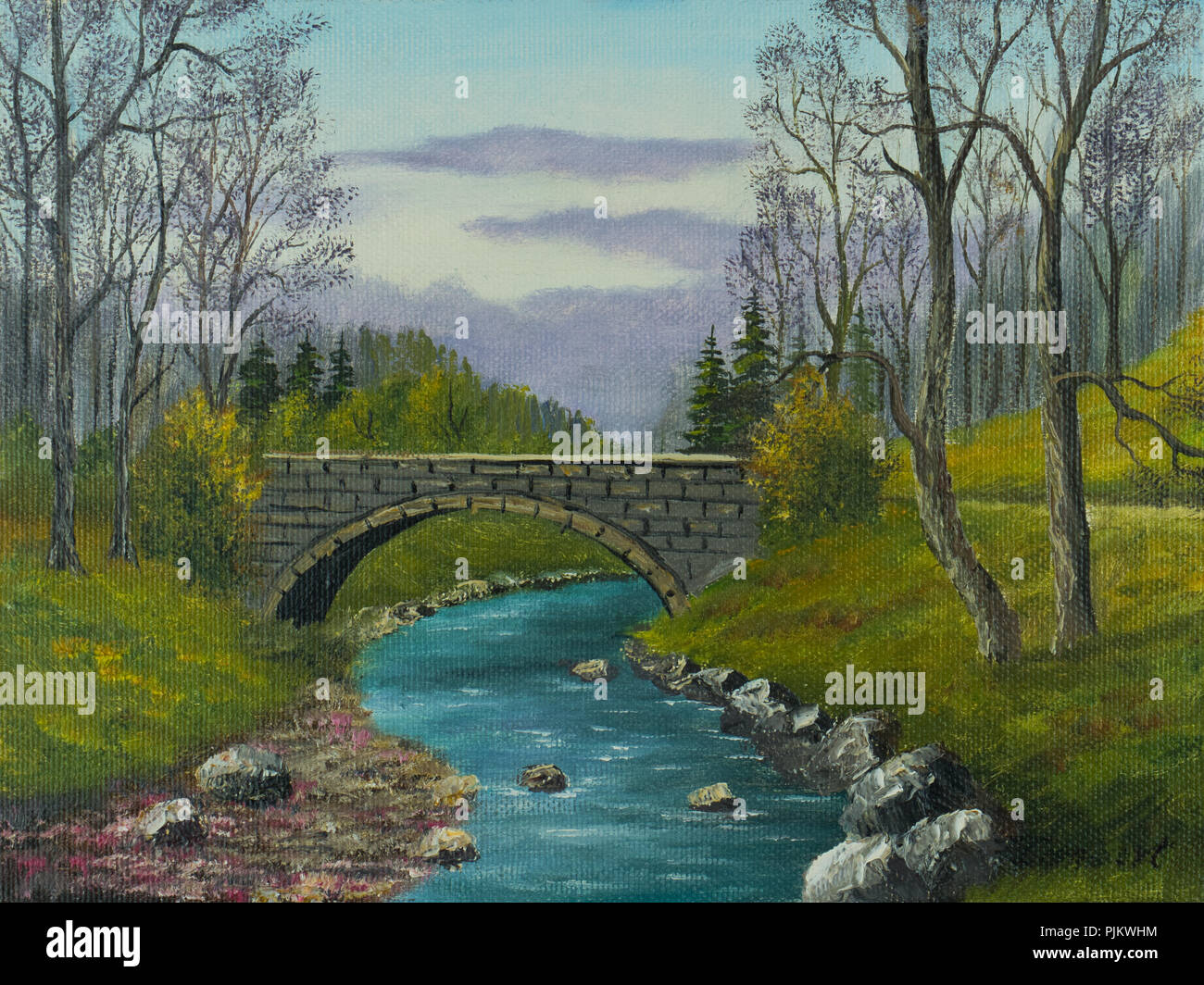 Öl Malerei der alten steinernen Brücke über einen kleinen Fluss