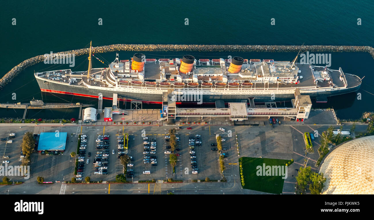 RMS Queen Mary, Ozeandampfer, Queen Mary Hotel im Hafen von Long Beach, Long Beach, Los Angeles County, Kalifornien, USA Stockfoto