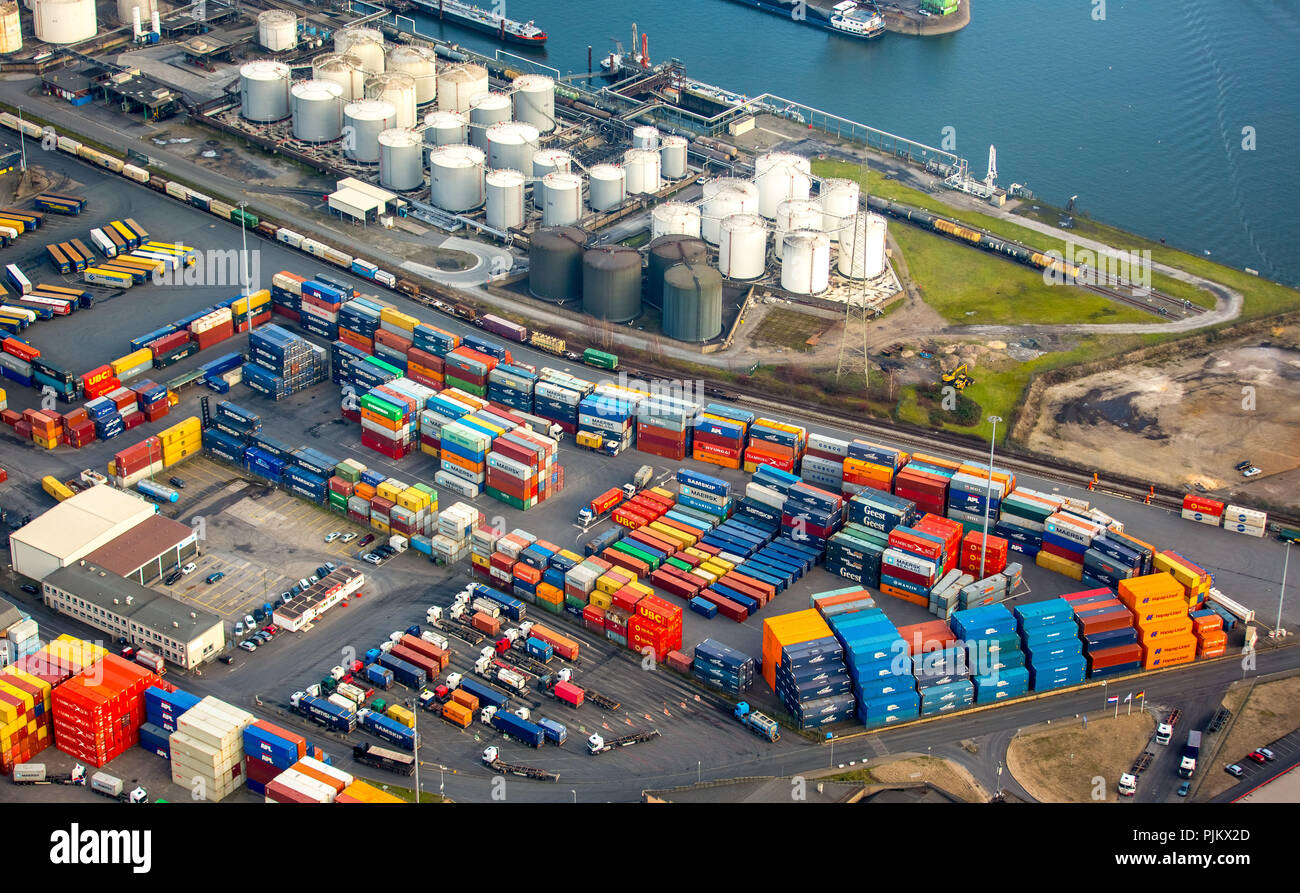 Containerverladung im Duisburger Hafen, Lkw, Logistik, Duisburg, Ruhrgebiet, Nordrhein-Westfalen, Deutschland Stockfoto