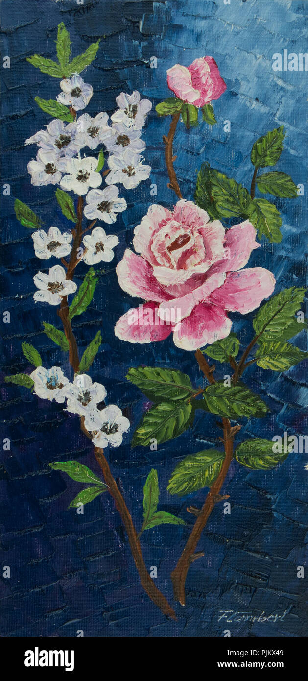 Öl Malerei - Zweig mit rosa und weißen Blüten auf blauem Hintergrund an. Stockfoto