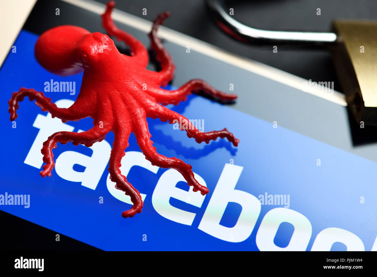 Octopus auf Smartphone, Facebook Logo offenes Schloss, das Symbol Daten Skandal, Daten Kraken Stockfoto