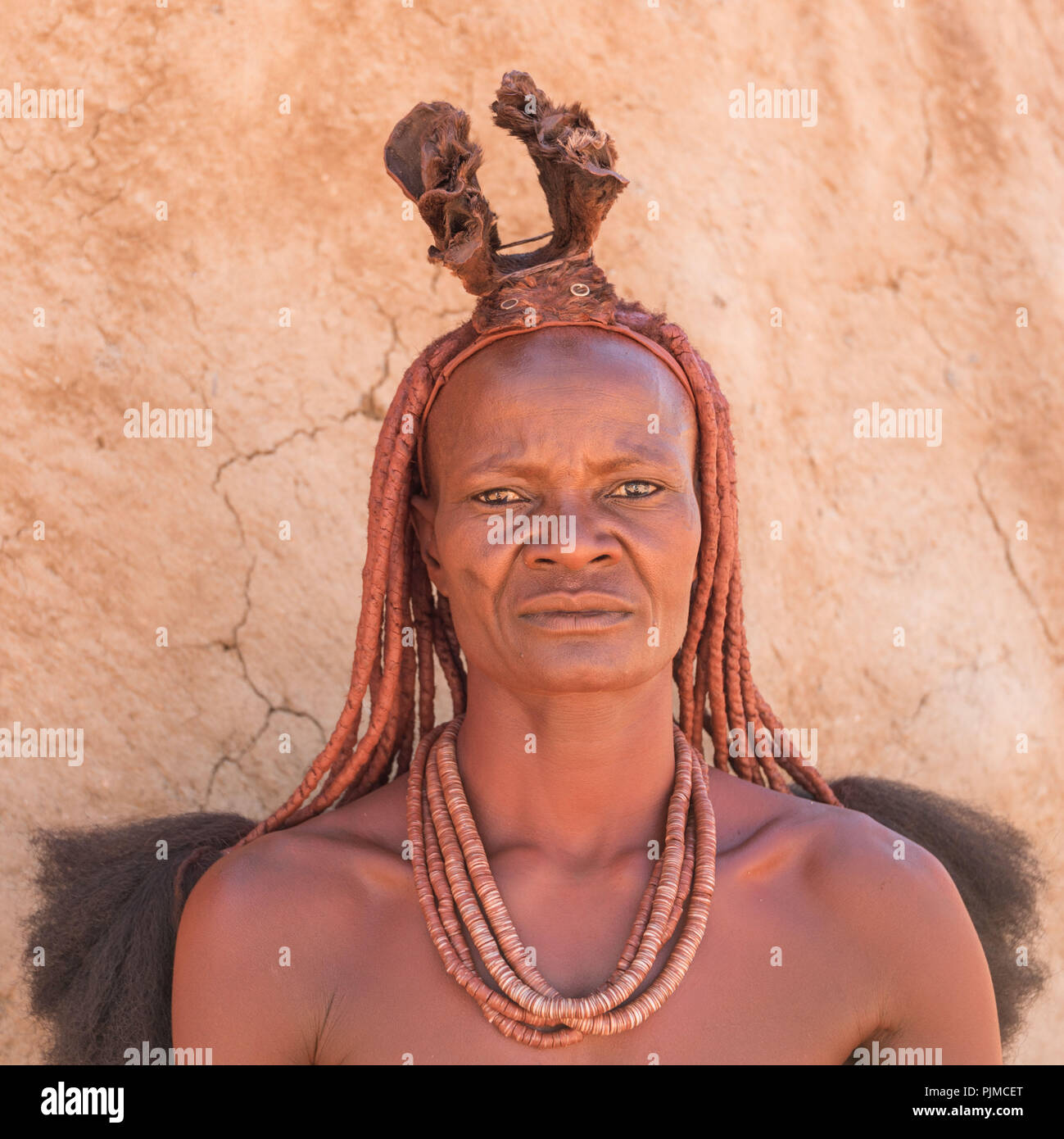 Porträt einer Frau Himba mit traditionellen Kopfbedeckungen, Blick in die Kamera Stockfoto