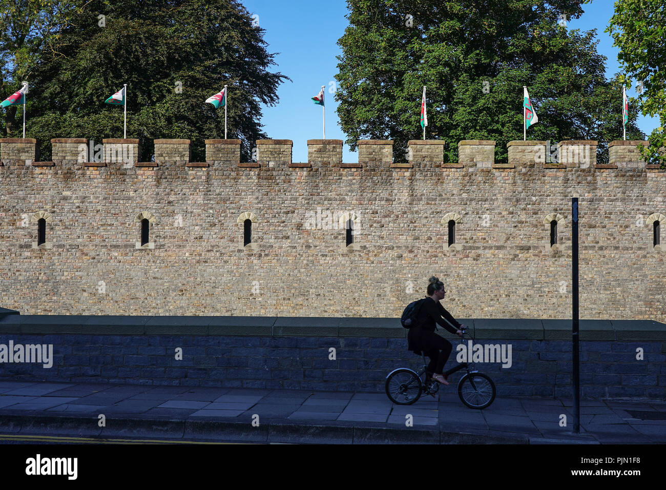 Blick auf den Wällen von Cardiff Castle in Südwales. Foto Datum: Freitag, 7. September 2018. Foto: Roger Garfield/Alamy Stockfoto