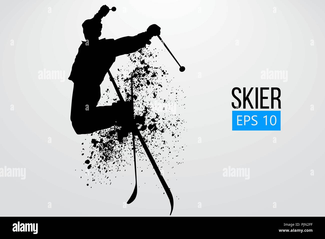 Silhouette eines Skifahrers isoliert springen. Hintergrund und Text auf einem separaten Layer, Farbe kann mit einem Klick geändert werden. Vector Illustration Stock Vektor