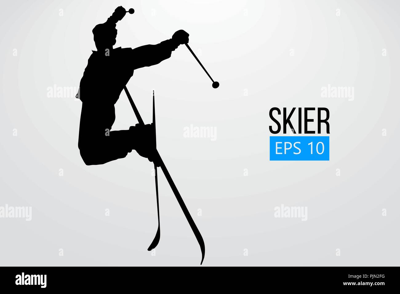 Silhouette eines Skifahrers isoliert springen. Hintergrund und Text auf einem separaten Layer, Farbe kann mit einem Klick geändert werden. Vector Illustration Stock Vektor