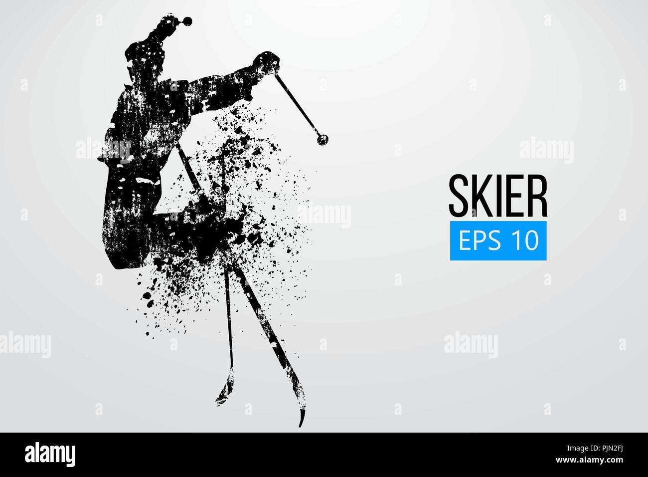 Silhouette eines Skifahrers isoliert springen. Hintergrund und Text auf einem separaten Layer, Farbe kann mit einem Klick geändert werden. Vector Illustration Stock Vektor