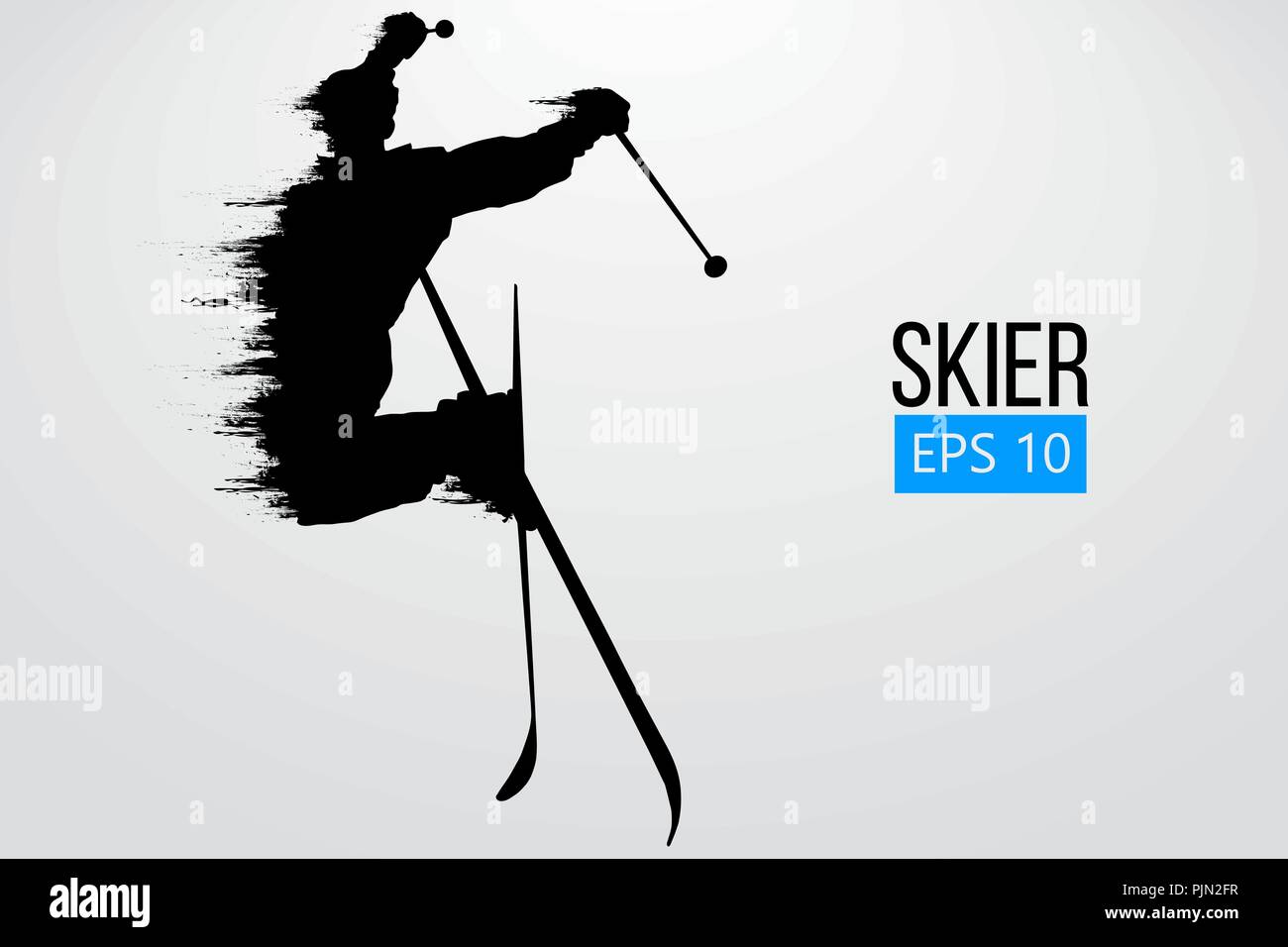 Silhouette eines Skifahrers isoliert springen. Hintergrund und Text auf einem separaten Layer, Farbe kann mit einem Klick geändert werden. Vector Illustration Stock Vektor