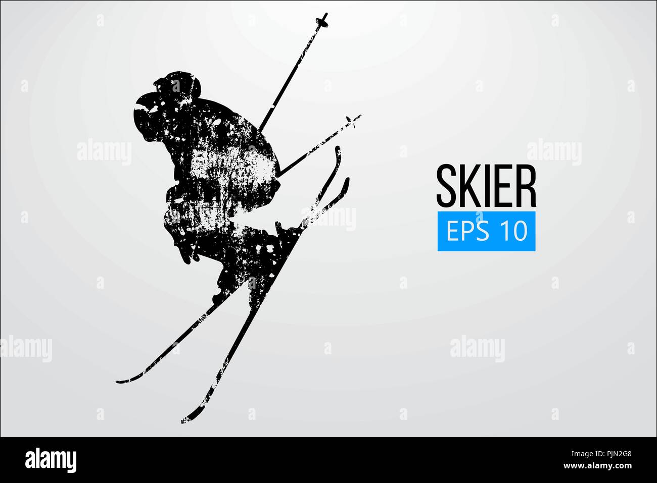 Silhouette eines Skifahrers isoliert springen. Hintergrund und Text auf einem separaten Layer, Farbe kann mit einem Klick geändert werden. Vector Illustration Stock Vektor