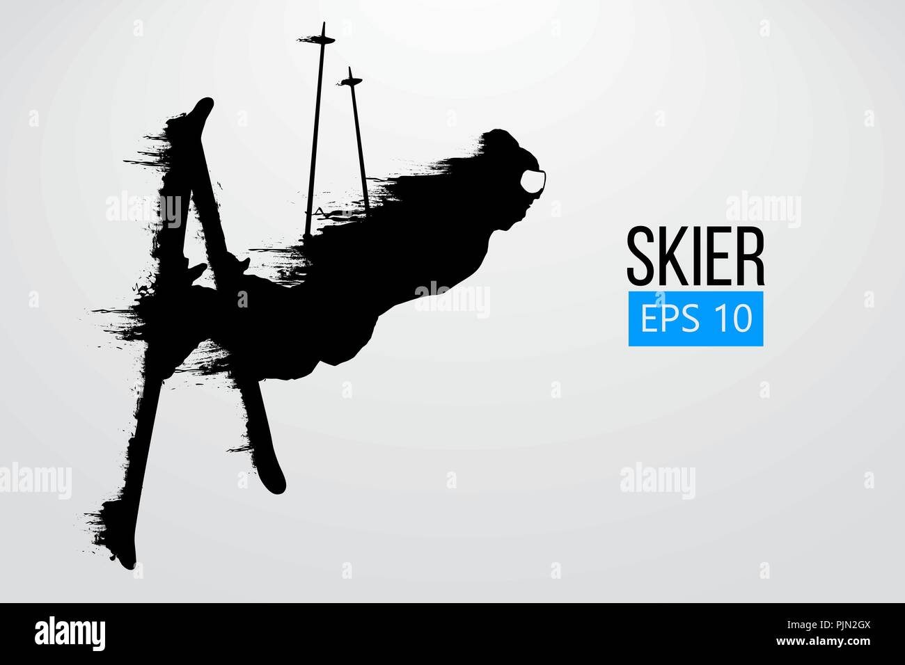 Silhouette eines Skifahrers isoliert springen. Hintergrund und Text auf einem separaten Layer, Farbe kann mit einem Klick geändert werden. Vector Illustration Stock Vektor