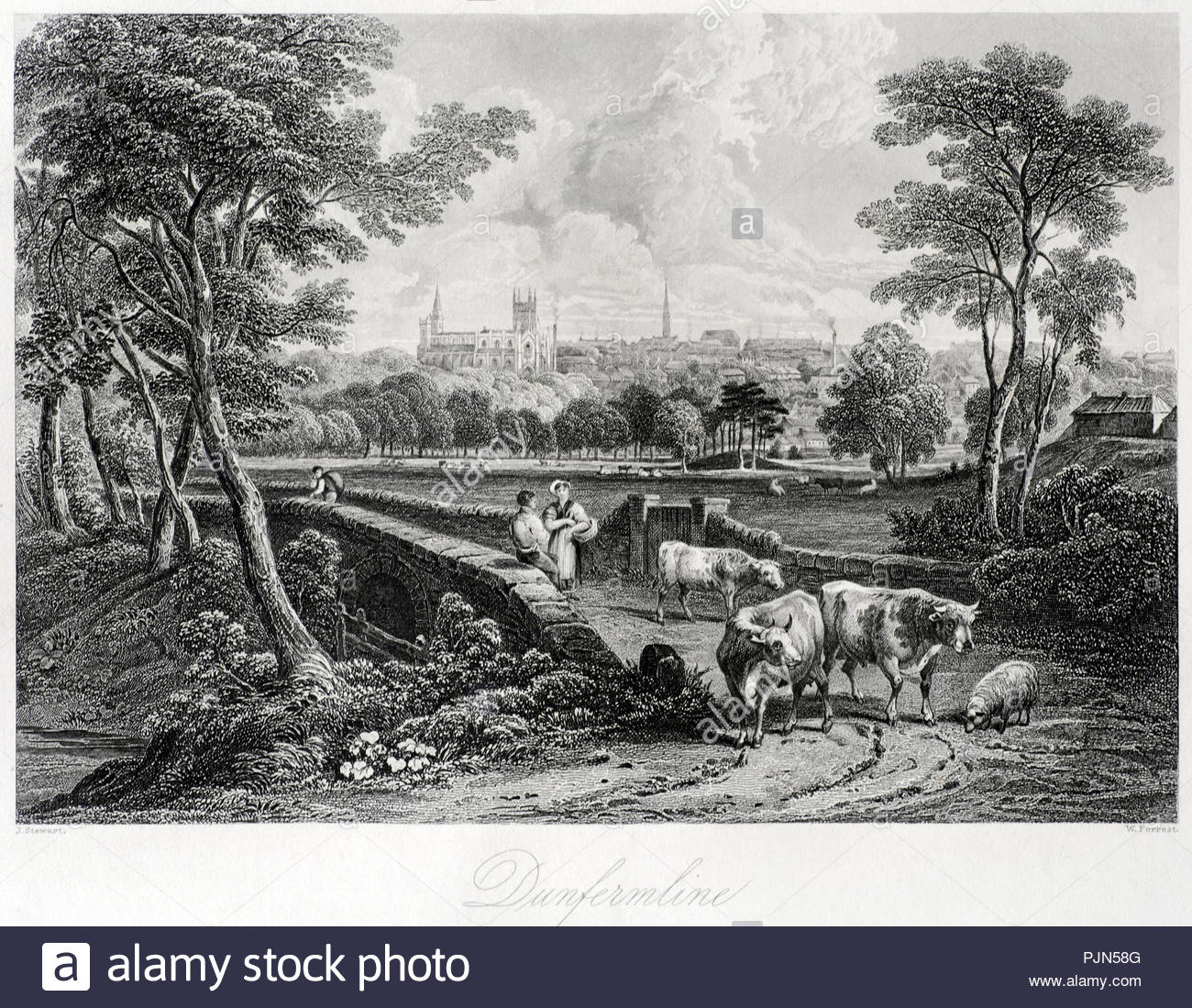Anzeigen von Dunfermline Schottland, antike Abbildung von 1850 Stockfoto