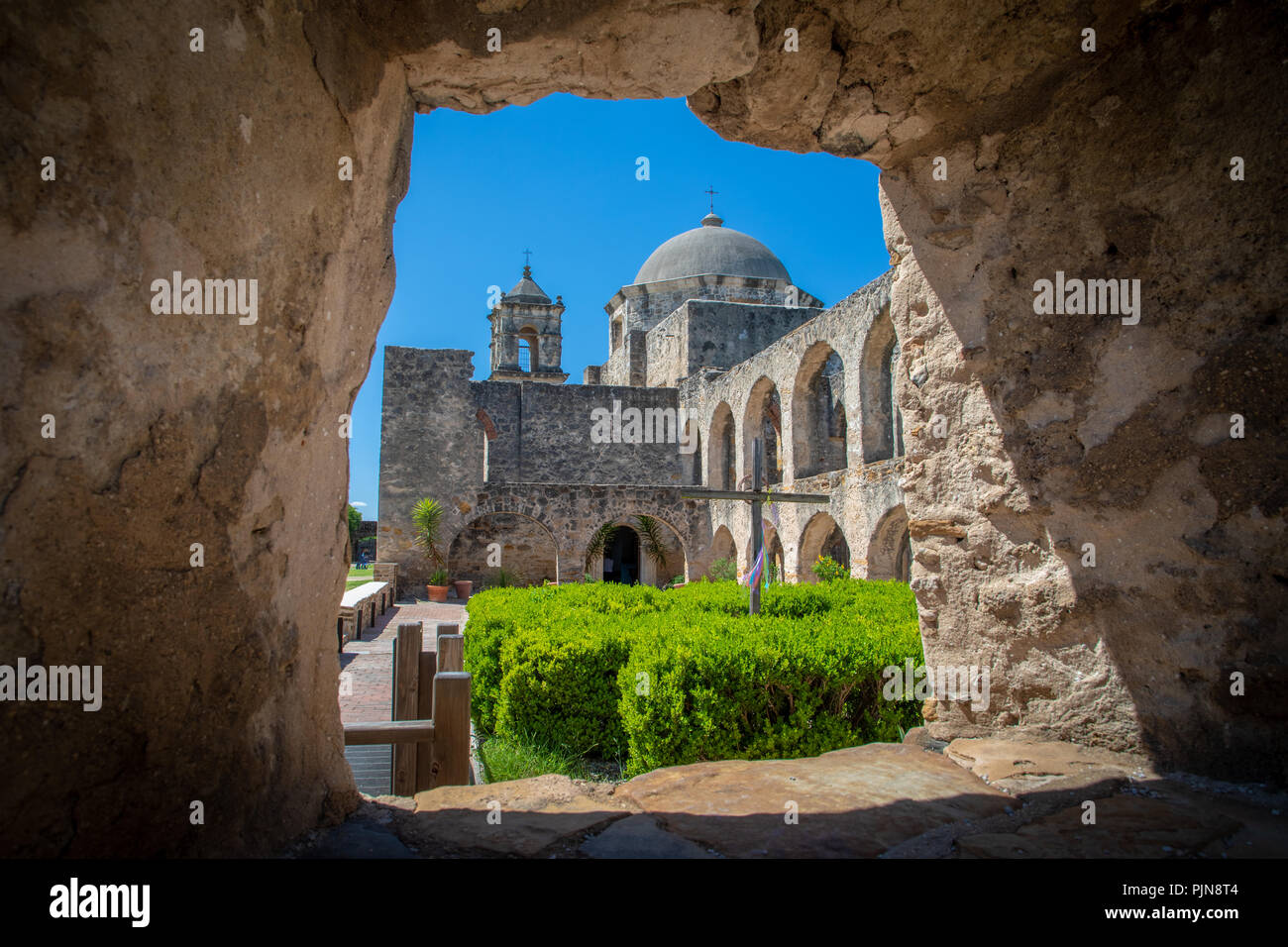 Mission San José y San Miguel de Aguayo ist eine historische katholische Mission in San Antonio, Texas, USA. Stockfoto