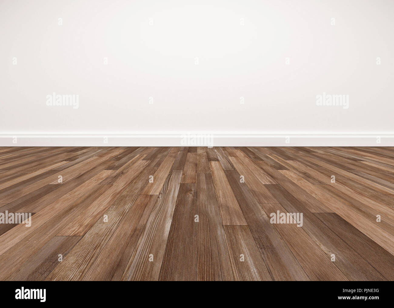 Holzboden und weiße Wand, leeren Raum für Hintergrund Stockfoto