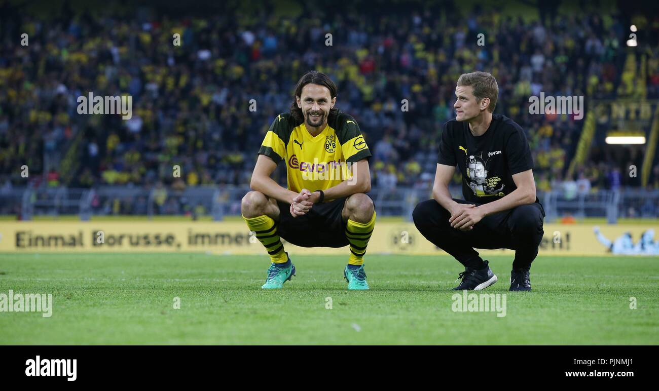 Dortmund, Deutschland. 07 Sep, 2018. firo: 07.09.2018, Fußball, 1.Bundesliga, Saison 2018/2019, abschiedsspiel Roman WEIDENFELLER, BVB, Borussia Dortmund, Abschied von Neven SUBOTIC, Links und Sven BENDER | Verwendung der weltweiten Kredit: dpa/Alamy leben Nachrichten Stockfoto