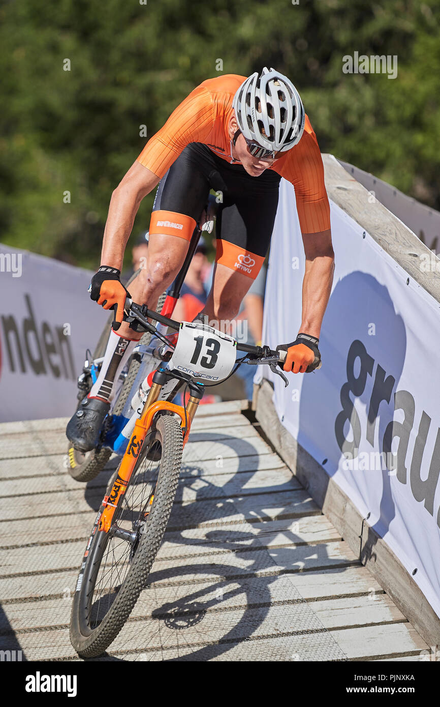 Lenzerheide, Schweiz. 8. September 2018. Mathieu van der Poel während der UCI Mountainbike Weltmeisterschaften 2018 Männer Elite Cross Country Olympic XCO in Lenzerheide. Credit: Rolf Simeon/Alamy leben Nachrichten Stockfoto