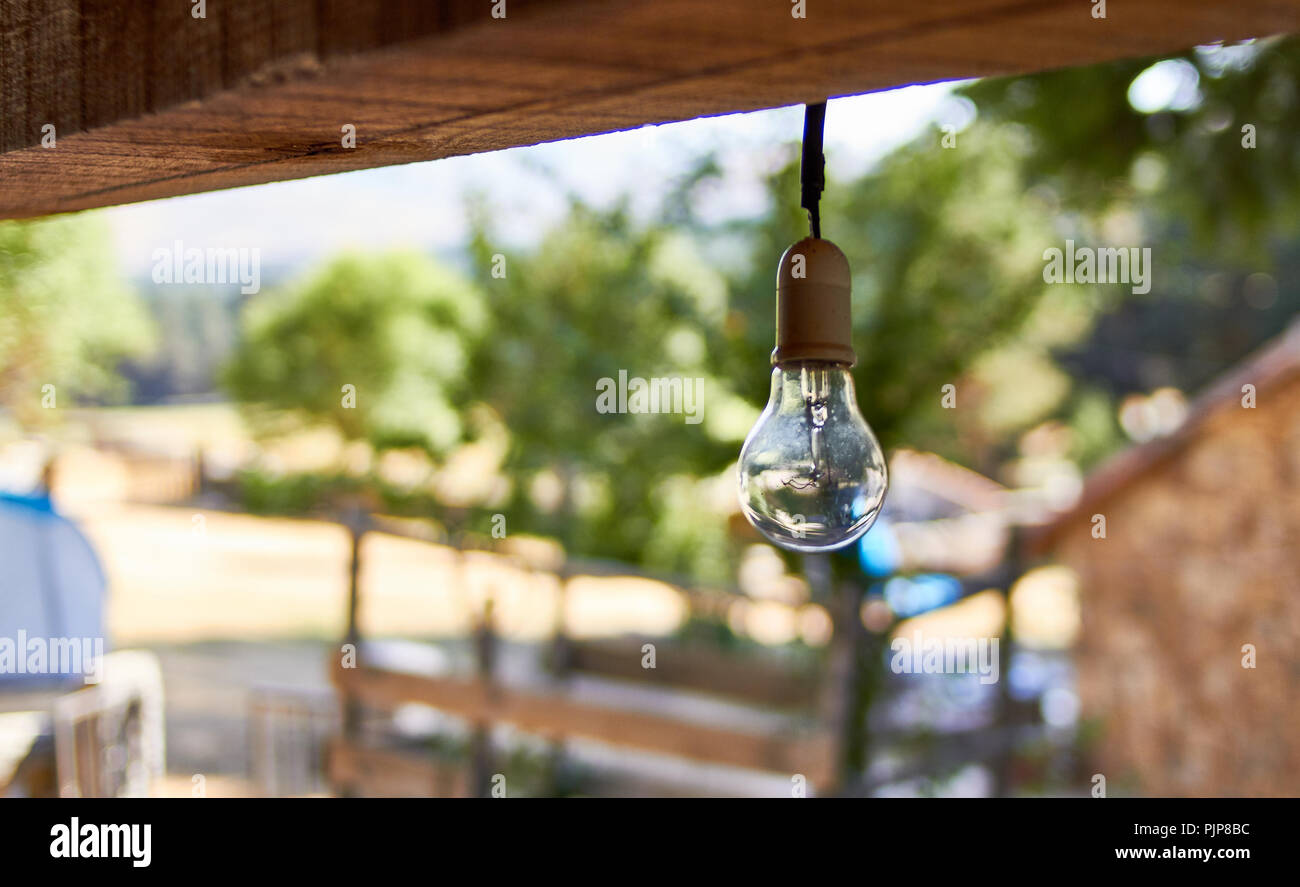 Die Glühbirne hängt in der Kabinendecke Stockfoto
