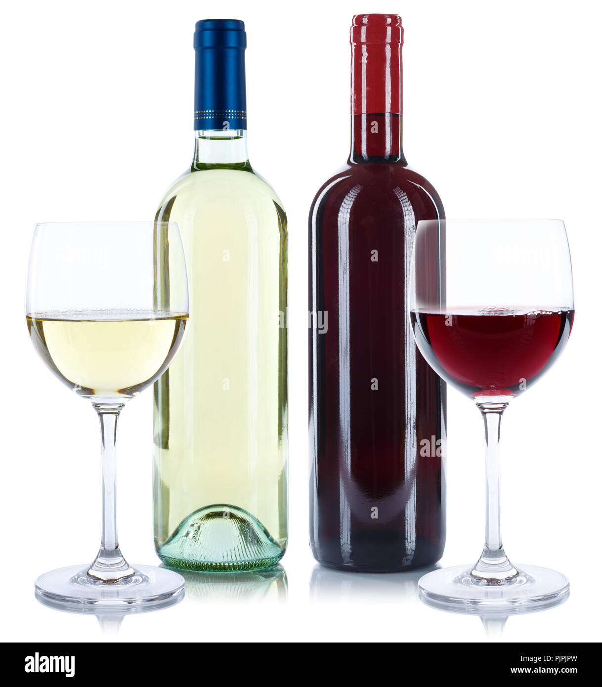 Rot- und Weißwein Flaschen trinken Gläser Quadrat auf weißem Hintergrund Stockfoto