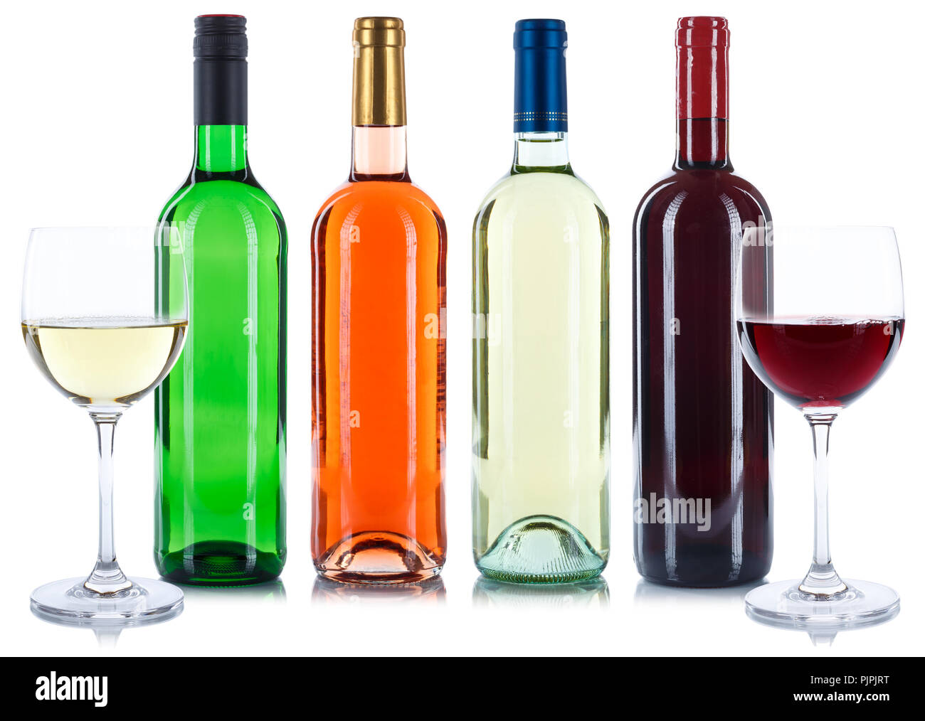 Rote und weiße Rose Wein Flaschen trinken Weine Sammlung auf weißem Hintergrund Stockfoto