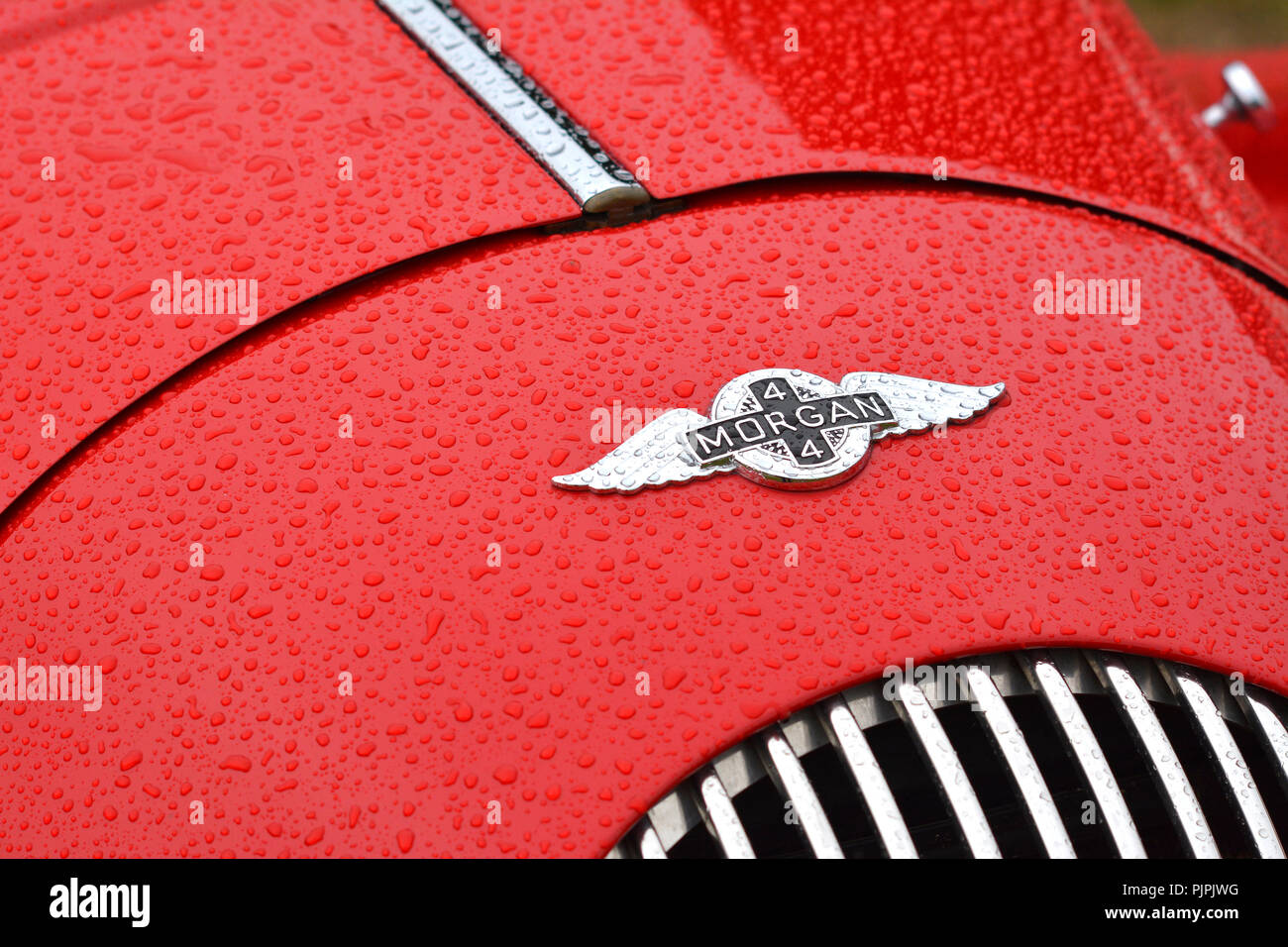 Nahaufnahme eines klassischen Morgan Auto zeigt die Kühler und Abzeichen und Wassertropfen perlen Stockfoto
