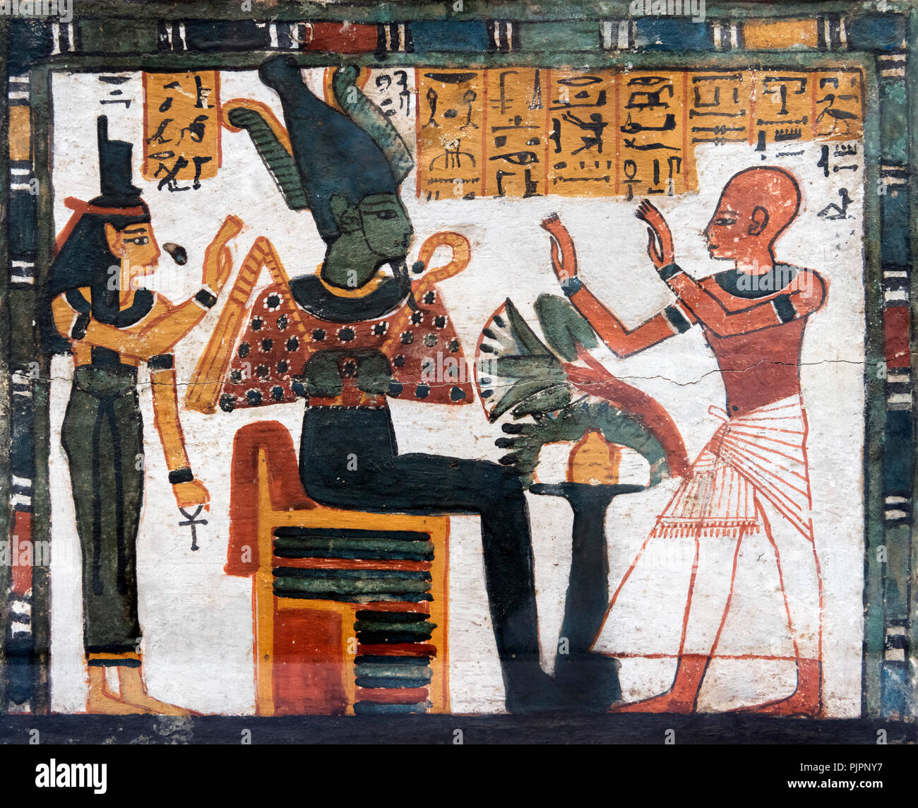 Ägyptische Malerei, auf einer funerary Box, die Bakimen, Schreiber des Treasury des Amun, Anbetung von Osiris und Isis. c 1296-1069 v. Chr.. Stockfoto
