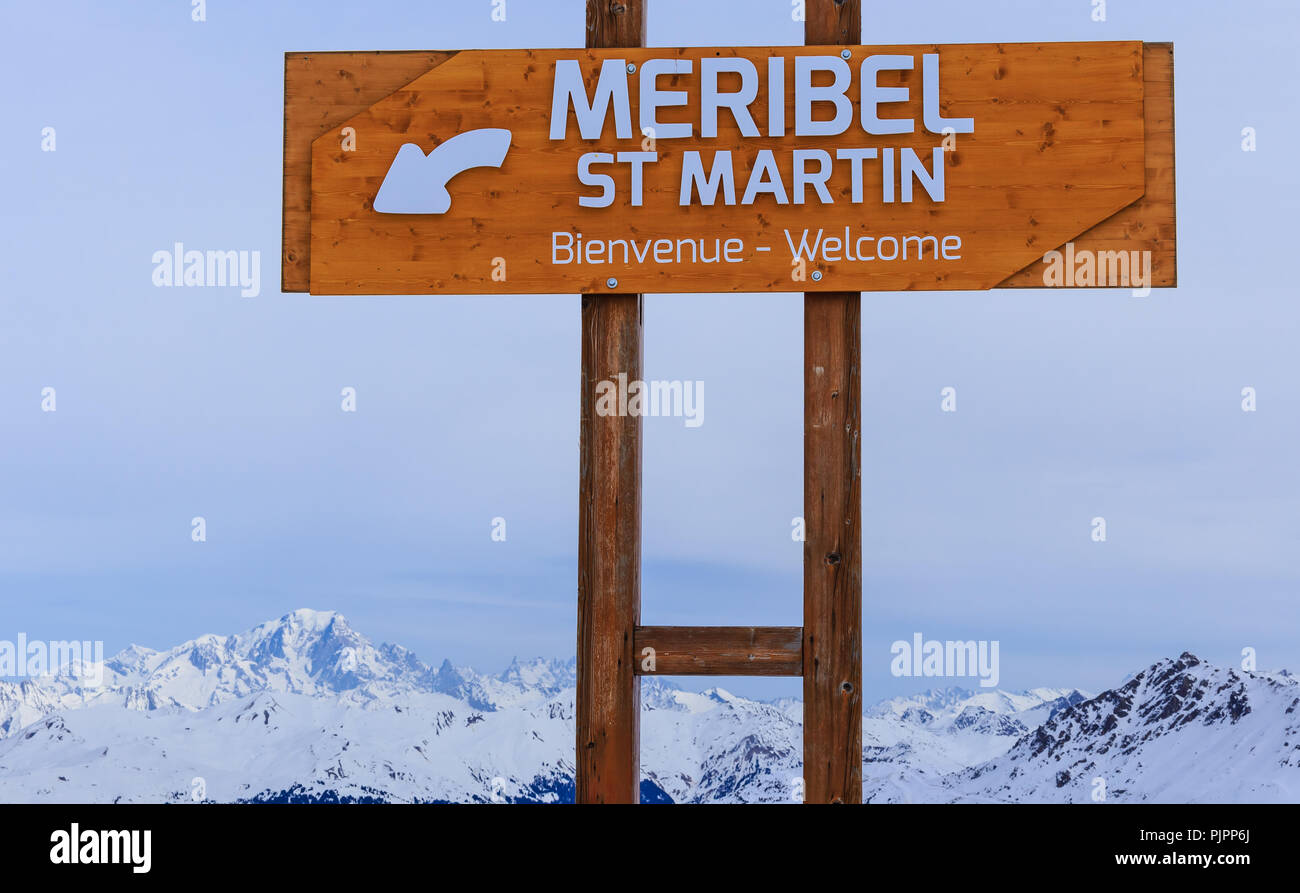 Zeiger auf die Spur im Skigebiet Meribel. Frankreich Stockfoto