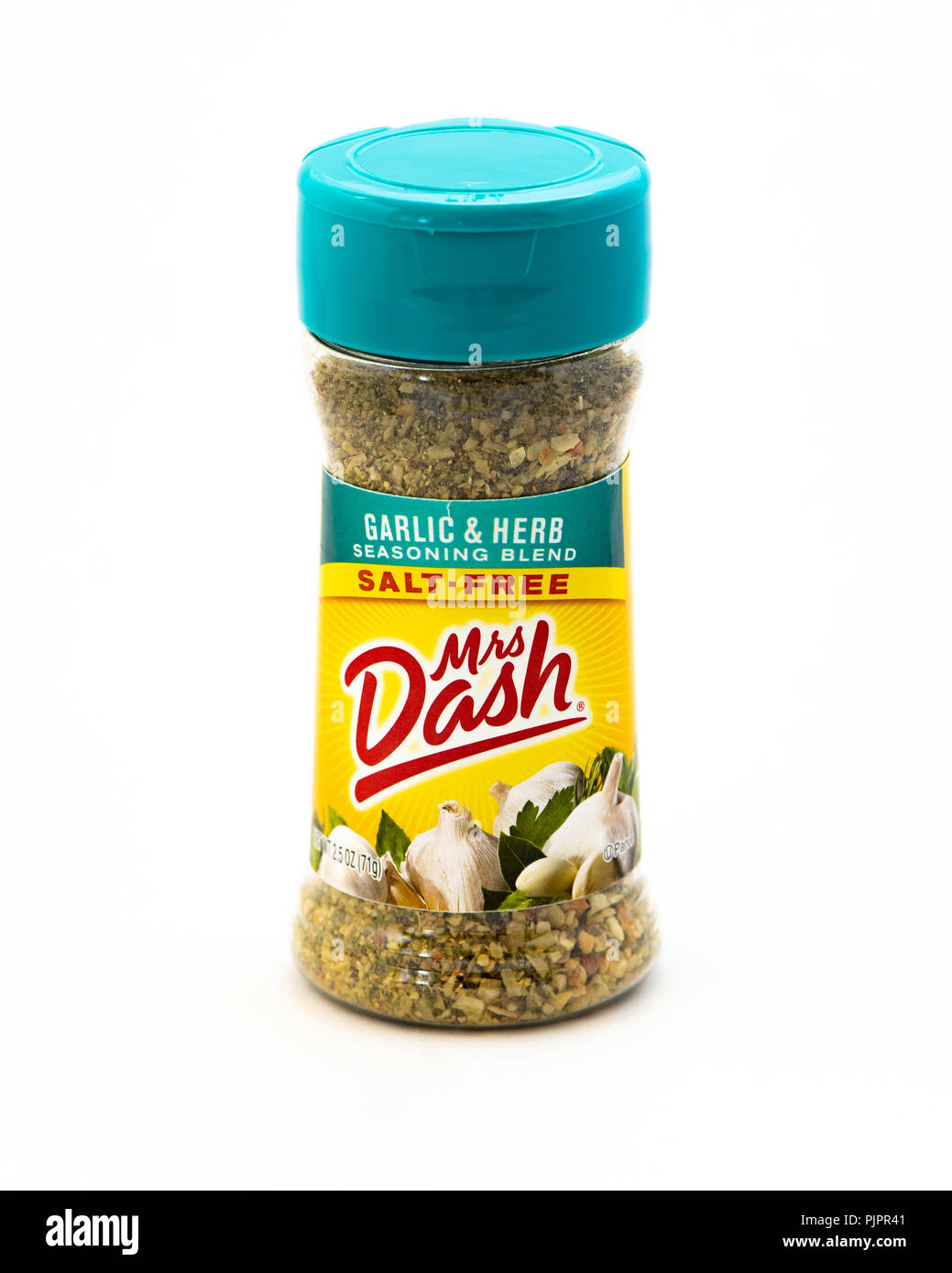 Eine Plastikflasche von Frau Dash, ein Markenname von Salt Free gewürzt mit Knoblauch, Kräutern und Gewürzen. Stockfoto