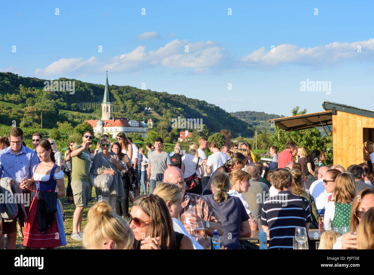 Gumpoldskirchen: Deutschordensschloss (Deutsch Um Burg), Weinberg, Bar am Festival "genussmeile" zusammen 1. Wiener Wasser Wanderweg, winegro Stockfoto