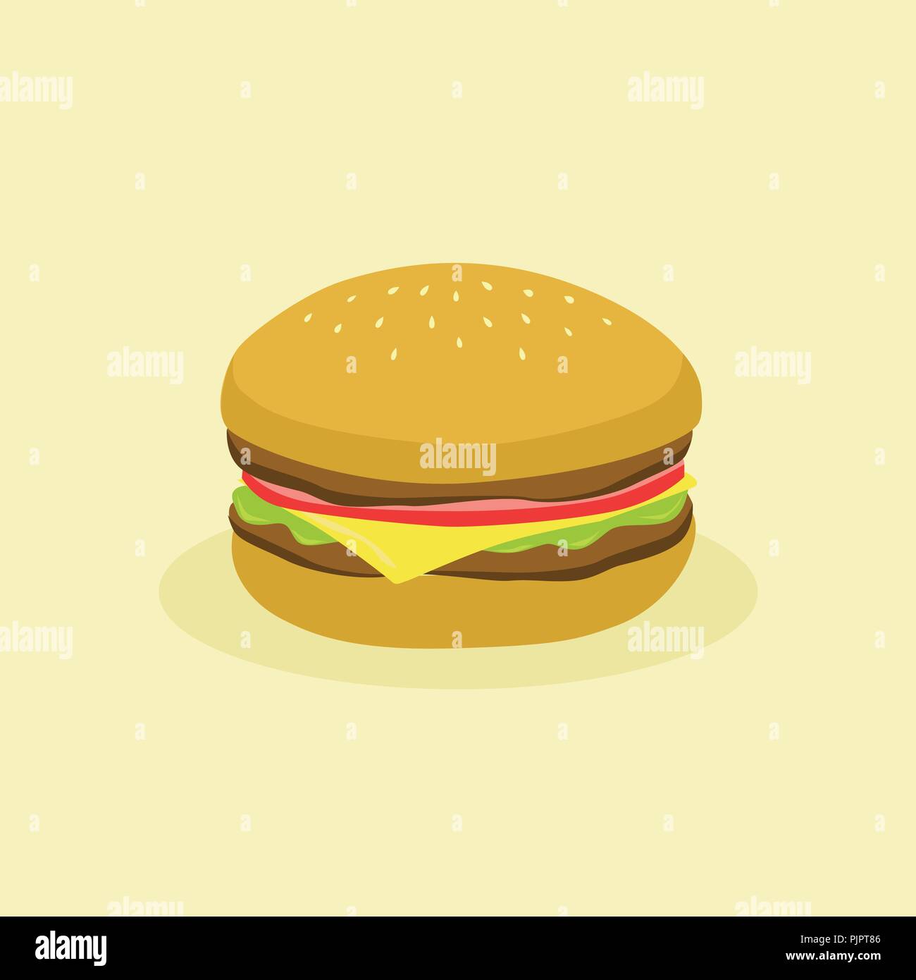 Hamburger mit mit Fleisch, Tomaten, Käse und Salat in hellbraunem Hintergrund Vector Illustration Stock Vektor