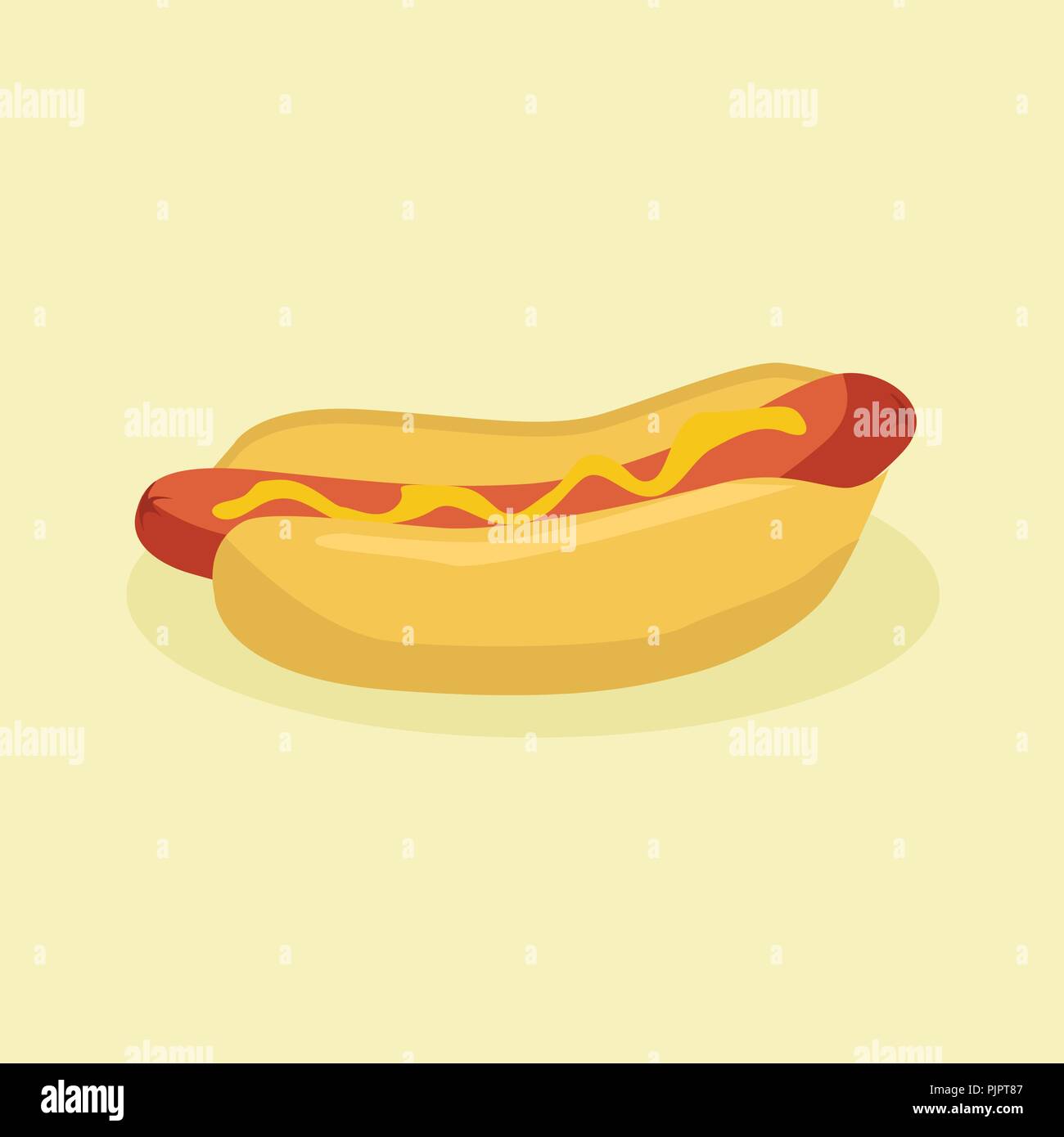 Hotdog mit Wurst und Senf auf hellbraunem Hintergrund Vector Illustration Stock Vektor