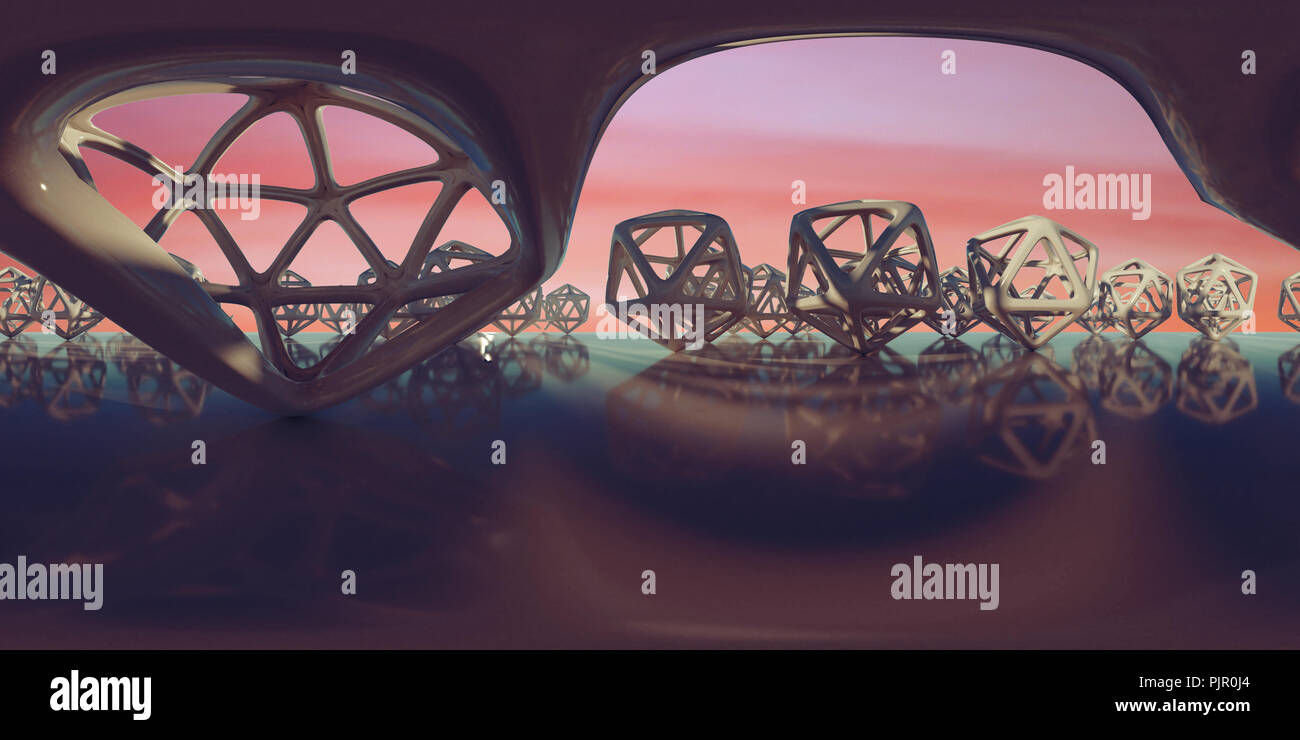 Abstrakte HDRI Umgebung Karte, sphärisches panorama Hintergrund, Lichtquelle Rendering mit Ikosaeder Objekte und bunte Himmel (3d equirectangular ren Stockfoto