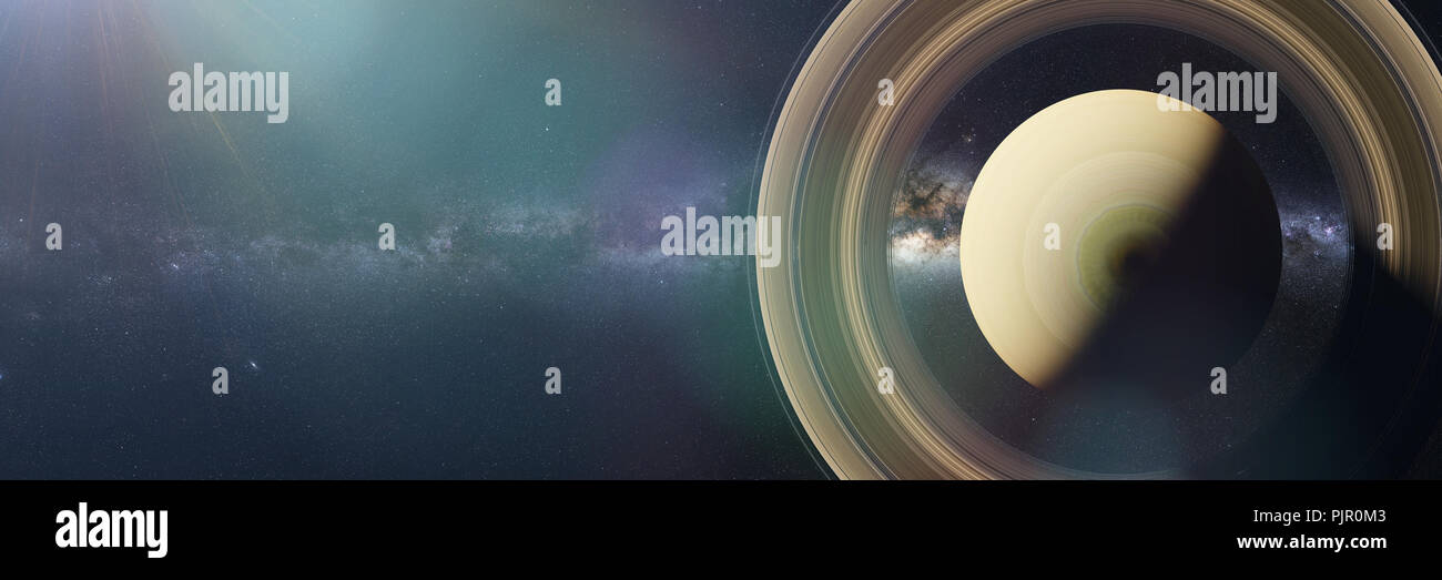 Planet Saturn ist der sechste Planet im Sonnensystem von der Sonne beleuchtet, Ansicht von oben Stockfoto