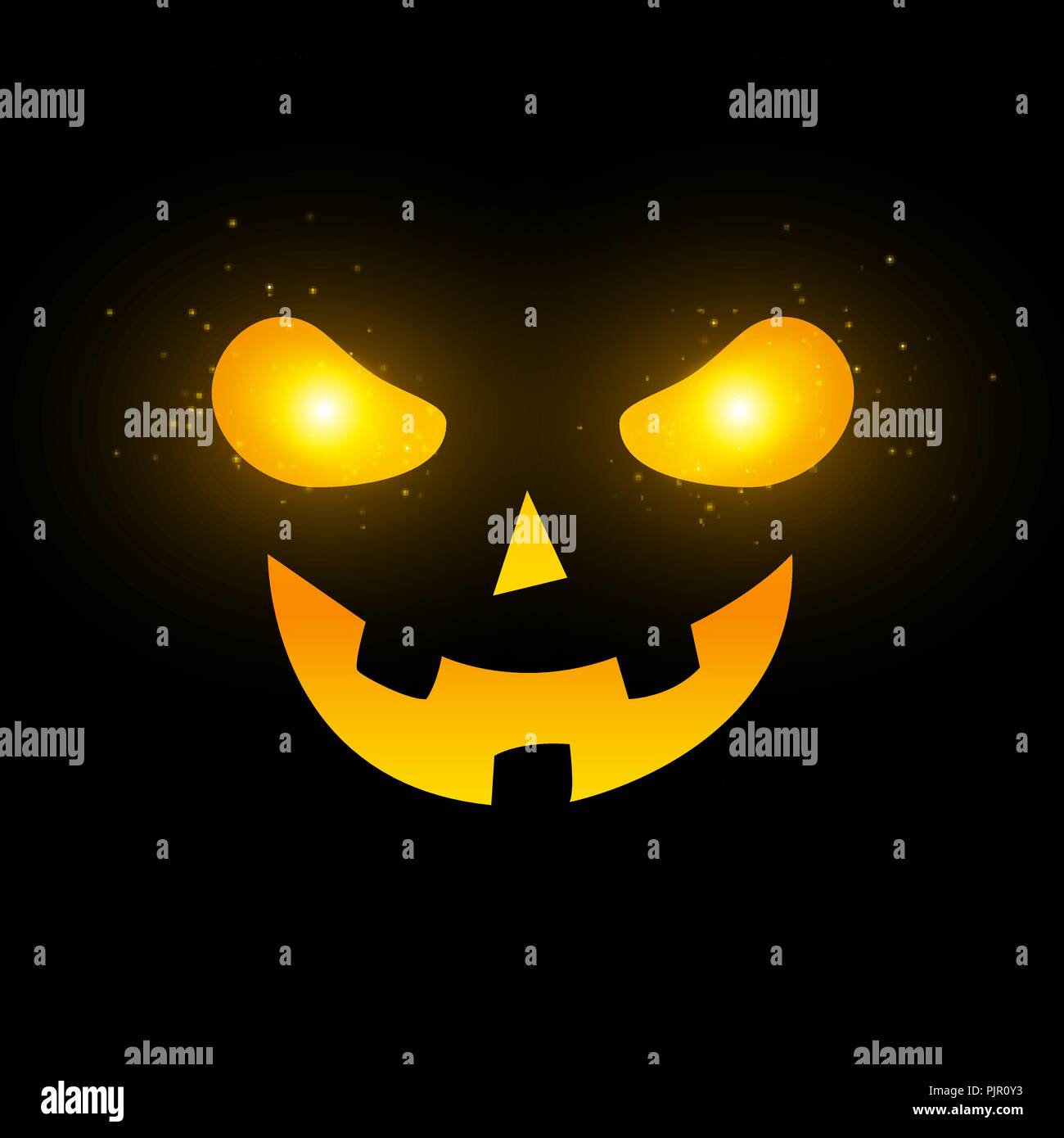 Schreckliches Halloween Gesicht. Gelb leuchtenden Augen mit fliegenden magischen Staub. Cartoon furchtsames Gesicht auf einem schwarzen Hintergrund. Vector Illustration. EPS 10. Stock Vektor