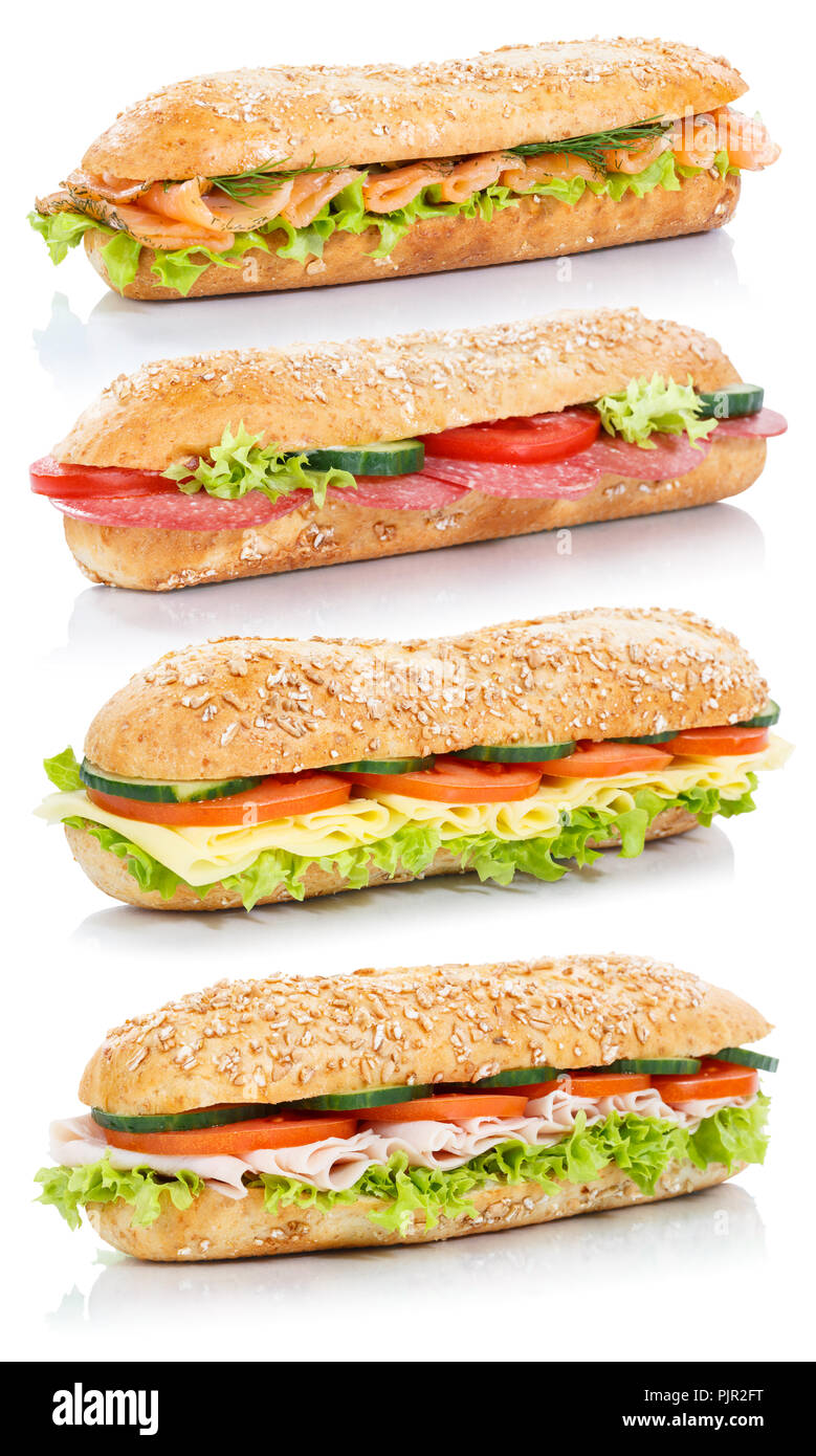 Baguette Sandwiches mit Salami, Schinken, Käse Lachs Fisch gestapelt ganze Körner frisch auf weißem Hintergrund Stockfoto