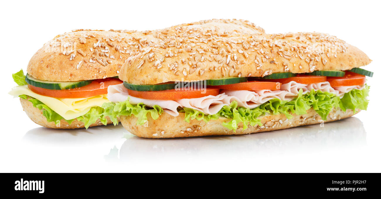 Baguette Sandwiches mit Schinken und Käse ganze Körner frisch auf weißem Hintergrund Stockfoto