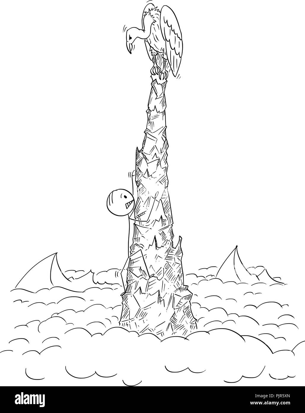 Cartoon von Mann oder Geschäftsmann, Klettern und Werktätigen auf der Oberseite des Crag zu finden nichts nur Geier wartet auf seinen Tod. Stock Vektor